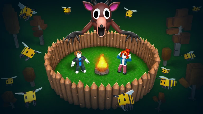 99 Nights in the Forest art showing two campers inside a wooden fort beneath the Deer