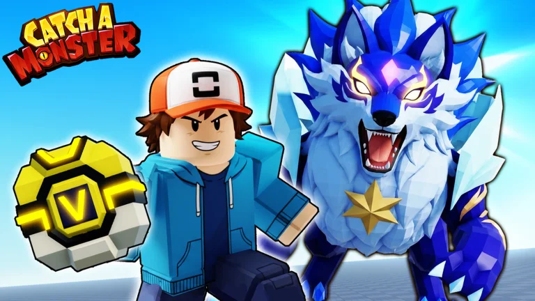 Catch a Monster official Roblox artwork with collectible monsters and a player