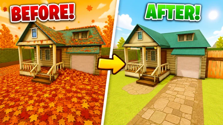 Official Clean All the Leaves Roblox artwork showing a yard full of leaves