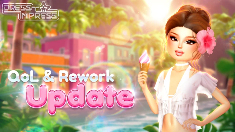 Dress to Impress promotional art showing a fashion avatar in a bright summer scene