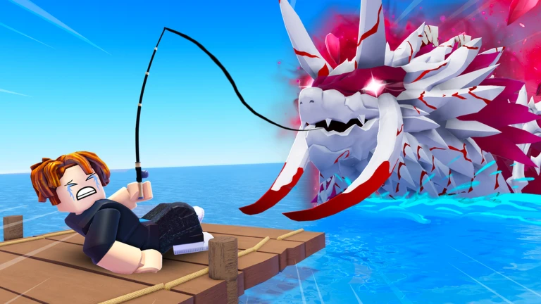 Fish It promotional art showing a player reeling in a large white sea creature
