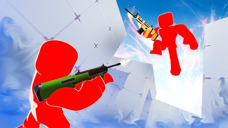 RIVALS promotional art showing two red block characters aiming weapons in a white arena