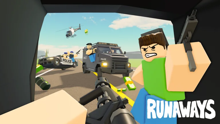 Official RUNAWAYS Roblox artwork showing its open-world crime setting